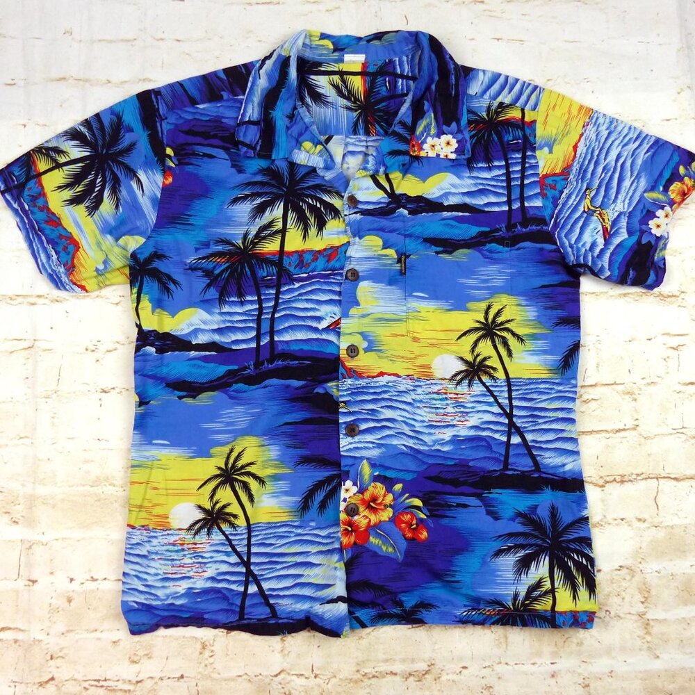 Palmwave Hawaii Camp Shirt Mens S Blue Button Up SS Tropical Surf Beach Travel